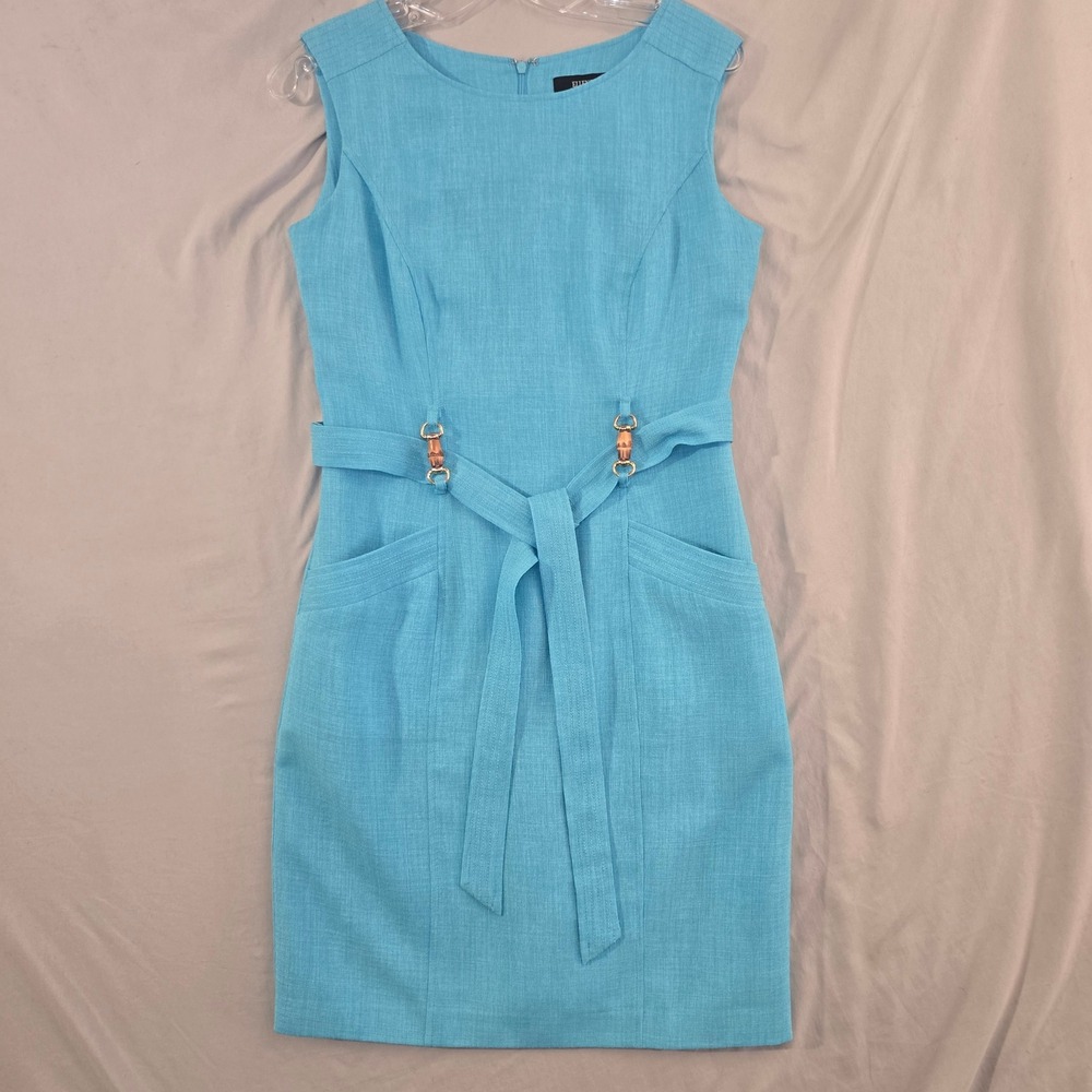 Ellen Tracy Sheath Dress 2 Women Blue Bamboo Toggle Belted Sleeveless Pocket